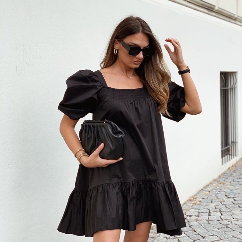 H&M Black Puff Sleeve Mini Cotton Black Dress